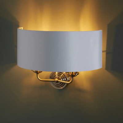 Anson Lighting Haywood Antique Brass With Vintage White Faux Silk Shade Classic Modern 2 Light Wall Light - image 1