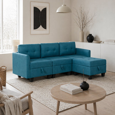 Wyld Haus Torono Aqua Blue 3 Seater Modular L-Shaped Sofa With Built-In Storage And Ottoman
