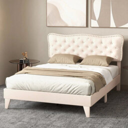 King Size Bed Frame Wooden Slat Bed Platform Upholstered Button Tufted Headboard - thumbnail 3
