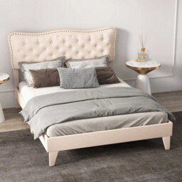 King Size Bed Frame Wooden Slat Bed Platform Upholstered Button Tufted Headboard - thumbnail 6