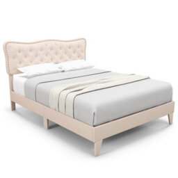 King Size Bed Frame Wooden Slat Bed Platform Upholstered Button Tufted Headboard - thumbnail 5