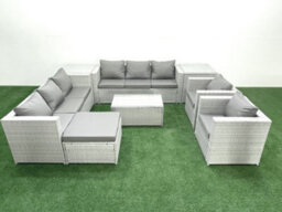 Fimous Outdoor Rattan Sofa Garden Furniture Set 2 Armchairs Oblong Coffee Table Big Stool 2 Side Tables Light Grey - thumbnail 2