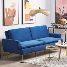 Wyld And Coco Velvet Sofa Bed Navy Blue 3-Seater With Click-Clack Mechanism And Gold Legs - thumbnail 2