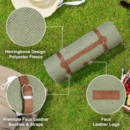 Vonshef Picnic Blanket, Green Herringbone Outdoor Rug With Waterproof Backing, 8 Person Weatherproof Travel Picnic Mat, 200X220Cm - thumbnail 3
