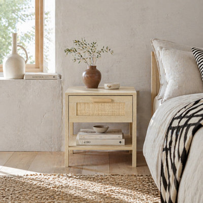 Wyld Haus Tafa Natural Wood-Effect Bedside Table With Rattan-Style Drawer And Open Shelf, 40W X 40D X 48H Cm - image 1