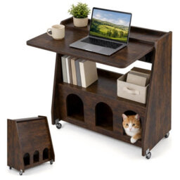 Costway Folding Desk On Wheels Convertible Drop Leaf Writing Desk With Storage Shelves & Compartments - thumbnail 1