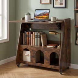 Costway Folding Desk On Wheels Convertible Drop Leaf Writing Desk With Storage Shelves & Compartments - thumbnail 3