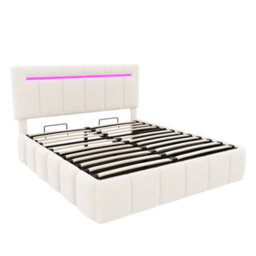Abrihome 4Ft6 Double Boucle Bed Frame - Hydraulic Storage, Led Headboard With Usb/type-C Ports, Beige - thumbnail 9