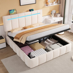 Abrihome 4Ft6 Double Boucle Bed Frame - Hydraulic Storage, Led Headboard With Usb/type-C Ports, Beige - thumbnail 1