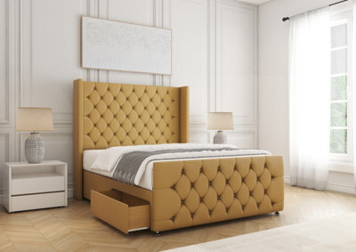 "Bsspoke Divan Bed Set Mustard Plush Velvet With 54"" Headboard & 20"" Footboard 2 Drawers Footend & No Mattress In 4Ft 4Ft6 5Ft 6Ft" - image 1