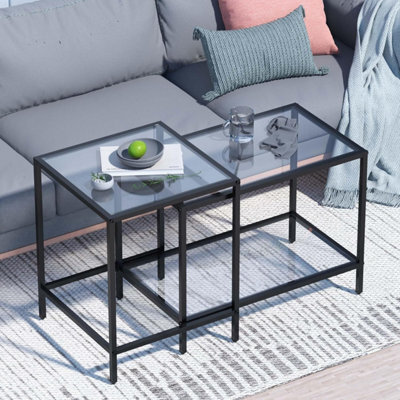 Huhote Modern Two Piece Nesting Side Tables With Black Metal Frame And Glass Top Diameter 60 40 Cm Coffee Table End Table For Home - image 1