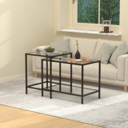 Huhote Modern Two Piece Nesting Side Tables With Black Metal Frame And Glass Top Diameter 60 40 Cm Coffee Table End Table For Home - thumbnail 6