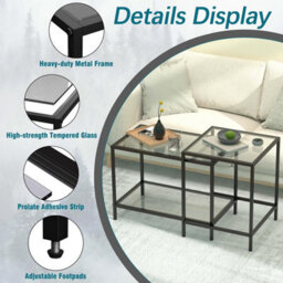 Huhote Modern Two Piece Nesting Side Tables With Black Metal Frame And Glass Top Diameter 60 40 Cm Coffee Table End Table For Home - thumbnail 7