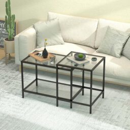 Huhote Modern Two Piece Nesting Side Tables With Black Metal Frame And Glass Top Diameter 60 40 Cm Coffee Table End Table For Home - thumbnail 3