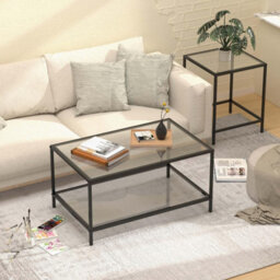 Huhote Modern Two Piece Nesting Side Tables With Black Metal Frame And Glass Top Diameter 60 40 Cm Coffee Table End Table For Home - thumbnail 5