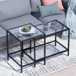 Huhote Modern Two Piece Nesting Side Tables With Black Metal Frame And Glass Top Diameter 60 40 Cm Coffee Table End Table For Home - thumbnail 1