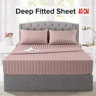 Ameha Stripe Fitted Sheet 40 Cm Deep Pocket- Hypoallergenic Easy Care Pink Bed Sheets Uk Single Bedsheet(90X190Cm) - image 1