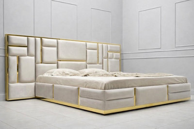 Rio Multi Panel Luxury Velvet Bed Frame With Gold Mirror Finish Inlays - image 1