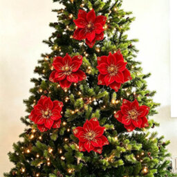 Amorly 26Cm Christmas Artificial Glitter Poinsettia Flowers, Red Xmas Flowers Wedding Christmas Tree Decorations New Year Ornaments - thumbnail 3