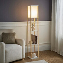Valuelights Struttura Oak Shelving Unit Floor Lamp With Fabric Shade And Bulb - thumbnail 2