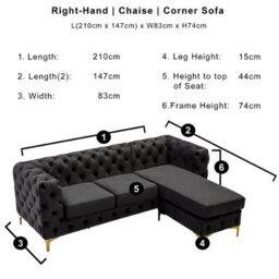 Chesterfield Chaise Sofa - Black - 4 Seater Sofa - L Shaped - Right Hand - thumbnail 5