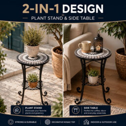 Shatchi Medina Mosaic Plant Stand Side Table With Ceramic Tile Top For Indoor And Outdoor Use - thumbnail 2