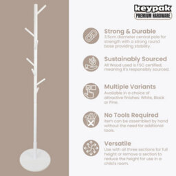 Keypak Coat Stand With Round Base, 170Cm Wooden Freestanding Clothes Rack With 8 Hooks - White - thumbnail 2