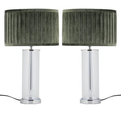 First Choice Lighting Set Of 2 Aura - Chrome Table Lamps With Green Pleated Velvet Shades - image 1