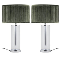 First Choice Lighting Set Of 2 Aura - Chrome Table Lamps With Green Pleated Velvet Shades