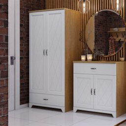 Heze Furniture Provenza 2 Door Premium Wardrobe Rustic Style - Stone Oak / White Matt - thumbnail 2