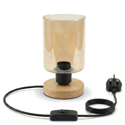 Ledsone Wooden Bedside Lamp With Amber Glass Shade E27 Plug In 2M Cable On Off Switch For Bedroom Or Living Room Ambient - image 1