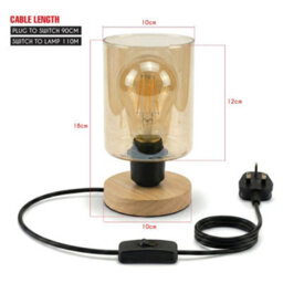 Ledsone Wooden Bedside Lamp With Amber Glass Shade E27 Plug In 2M Cable On Off Switch For Bedroom Or Living Room Ambient - thumbnail 9