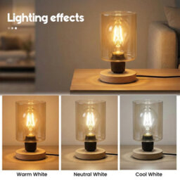 Ledsone Wooden Bedside Lamp With Amber Glass Shade E27 Plug In 2M Cable On Off Switch For Bedroom Or Living Room Ambient - thumbnail 8