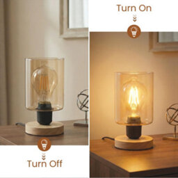 Ledsone Wooden Bedside Lamp With Amber Glass Shade E27 Plug In 2M Cable On Off Switch For Bedroom Or Living Room Ambient - thumbnail 2