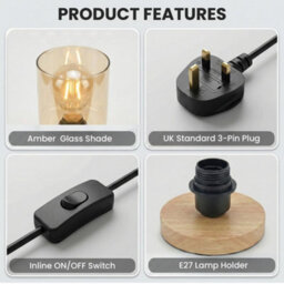 Ledsone Wooden Bedside Lamp With Amber Glass Shade E27 Plug In 2M Cable On Off Switch For Bedroom Or Living Room Ambient - thumbnail 6