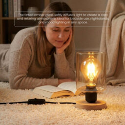 Ledsone Wooden Bedside Lamp With Amber Glass Shade E27 Plug In 2M Cable On Off Switch For Bedroom Or Living Room Ambient - thumbnail 3
