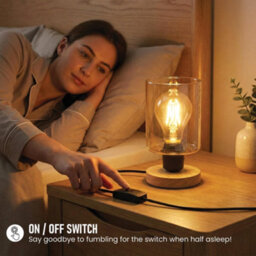 Ledsone Wooden Bedside Lamp With Amber Glass Shade E27 Plug In 2M Cable On Off Switch For Bedroom Or Living Room Ambient - thumbnail 5