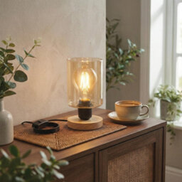 Ledsone Wooden Bedside Lamp With Amber Glass Shade E27 Plug In 2M Cable On Off Switch For Bedroom Or Living Room Ambient - thumbnail 7