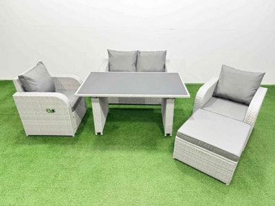 Fimous Outdoor Rattan Garden Furniture Dining Set 5-Seater Patio Rectangular Table Love Sofa Reclining Chair Set With Big Stool - image 1