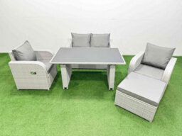 Fimous Outdoor Rattan Garden Furniture Dining Set 5-Seater Patio Rectangular Table Love Sofa Reclining Chair Set With Big Stool - thumbnail 1
