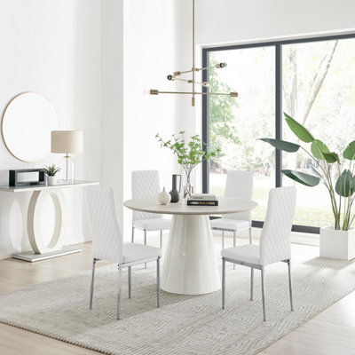 Furniturebox Uk Palma Beige Stone Effect Round Dining Table & 4 White Milan Chrome Leg Chairs - image 1