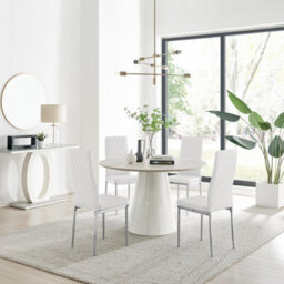 Furniturebox Uk Palma Beige Stone Effect Round Dining Table & 4 White Milan Chrome Leg Chairs