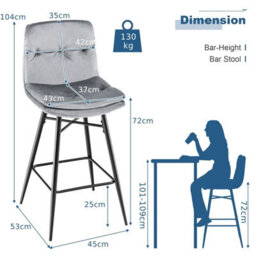 Gainoom Set Of 2 Grey Bar Stools Velvet Counter Height Chair Upholstered High Dining Chairs - thumbnail 2