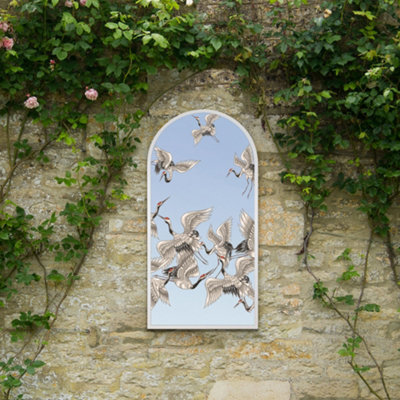 Mirroroutlet The Typis White Metal Edged Arch Garden Wall Mirror With Stork Decals  120Cm X 60Cm - image 1