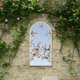 Mirroroutlet The Typis White Metal Edged Arch Garden Wall Mirror With Stork Decals  120Cm X 60Cm - thumbnail 1