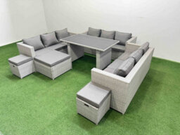 Fimous Patio Outdoor Garden Furniture Sets With Black Glass Top Dining Table 3 Seater Sofa 3 Stool Light Grey - thumbnail 2