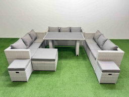 Fimous Patio Outdoor Garden Furniture Sets With Black Glass Top Dining Table 3 Seater Sofa 3 Stool Light Grey - thumbnail 1