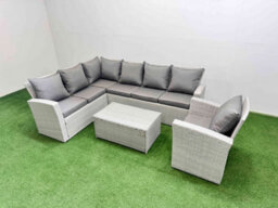 Fimous 7 Seater Garden Outdoor Pe Rattan Furniture Set Rattan Garden Sofa Set With Big Footstool Light Grey Mixed - thumbnail 2