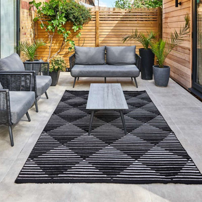 Black Outdoor Rug, Geometric Striped Stain-Resistant Rug For Patio Decks, 3mm Modern Outdoor Area Rug- 160Cm X 220Cm - image 1