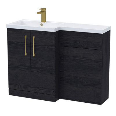 Balterley Left-Hand Bathroom Vanity And Wc Unit Combination With Basin - 1100mm - Woodgrain Black With Brushed Brass Handles - image 1